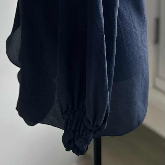 NWT Shan Ink-Blue Silk Semi-Sheer Ruffle-Blouse w/ Cascading Front & Tie – US 6 - Picture 7 of 14